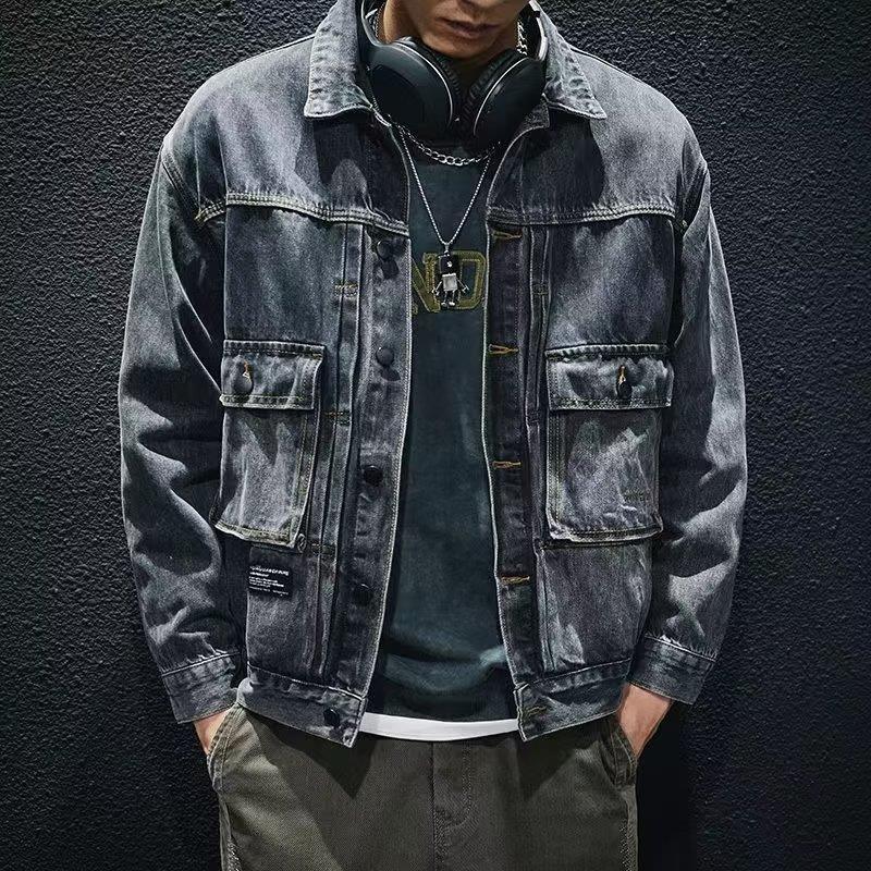 Mens Fashion Denim Jacket - Jaqueta jeans solta masculina com bolsos,