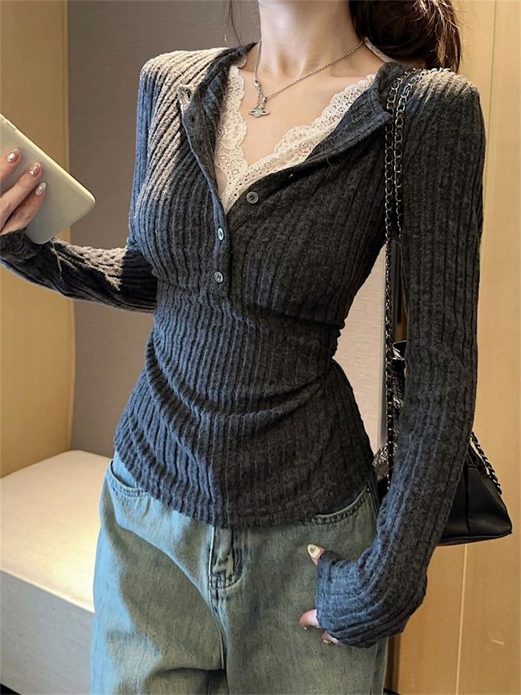 Men'S Fashion Aesthetics - Top feminino renda retalhos manga longa