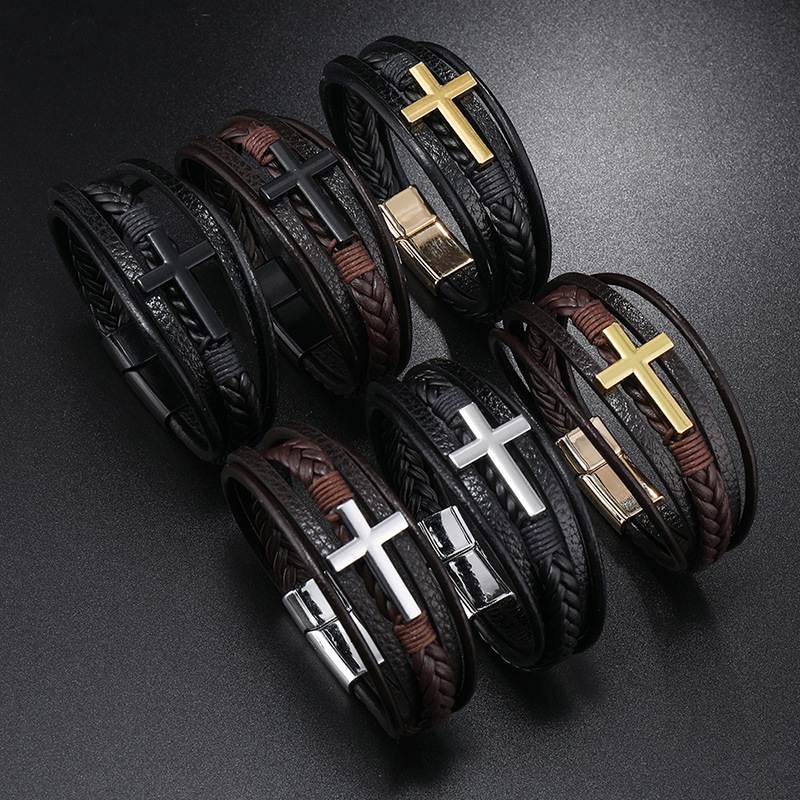 Mens Fashion Combination - Pulseira cruzada de couro masculina, nova